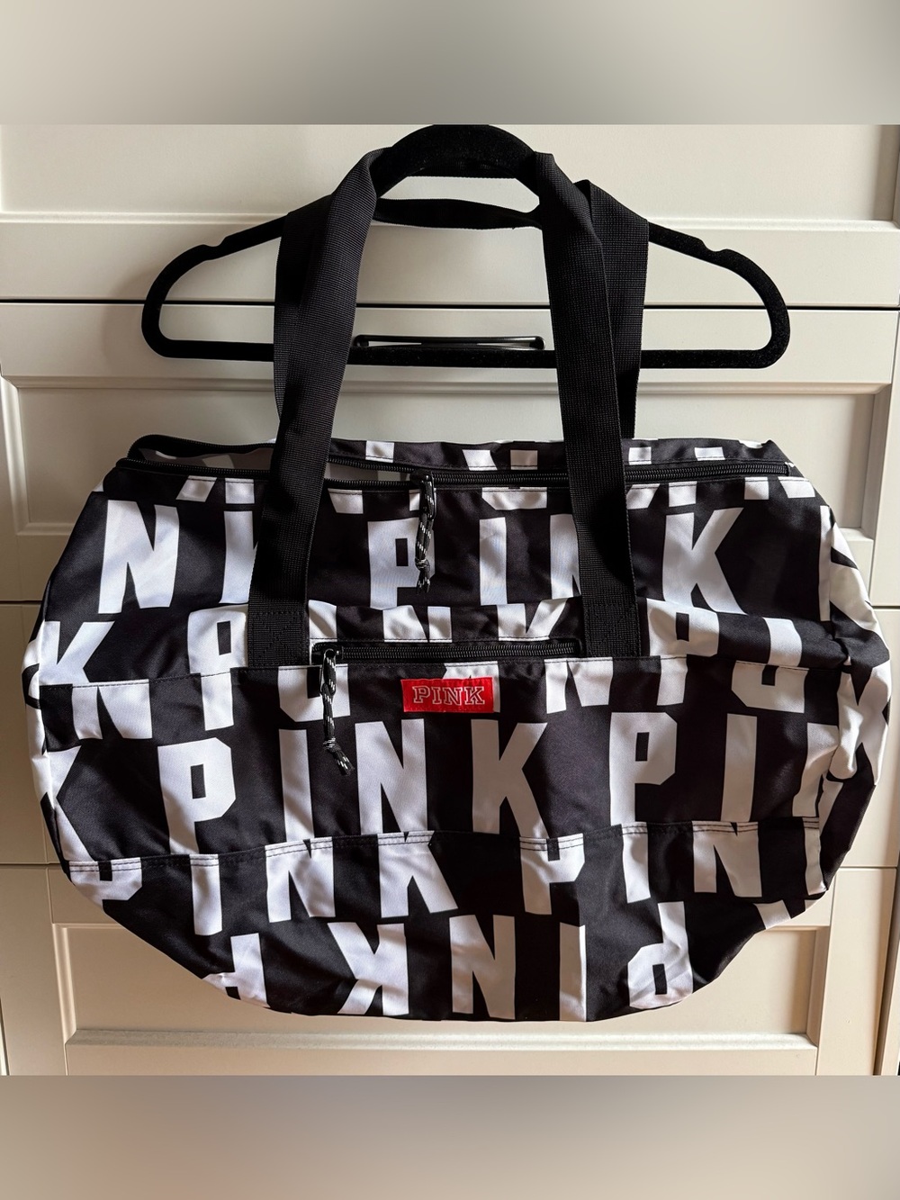 PINK Victoria's Secret Black & White Logo Weekender Duffle Bag Foldable NWOT